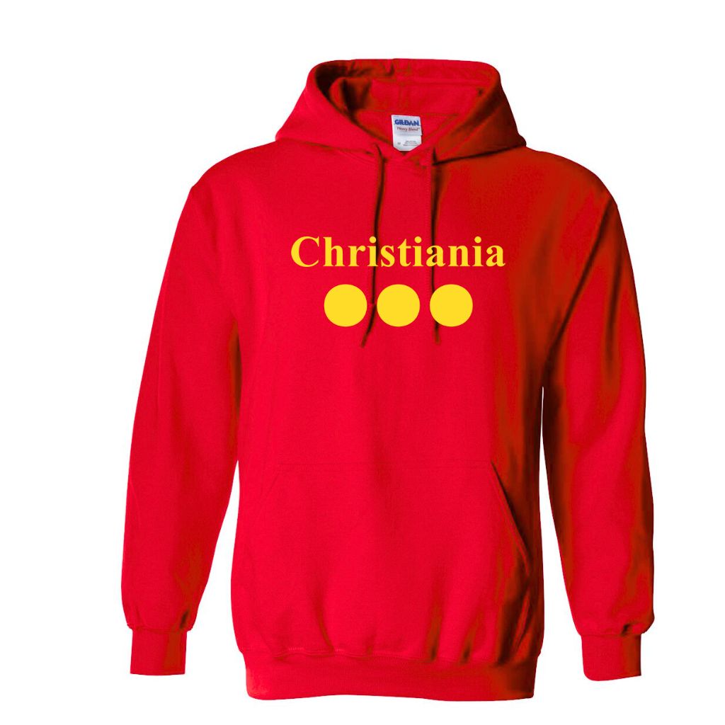 Christiania Hættetrøje med de ikoniske tre prikker - et stærkt symbol på Fællesskab, frihed og alternative kultur.